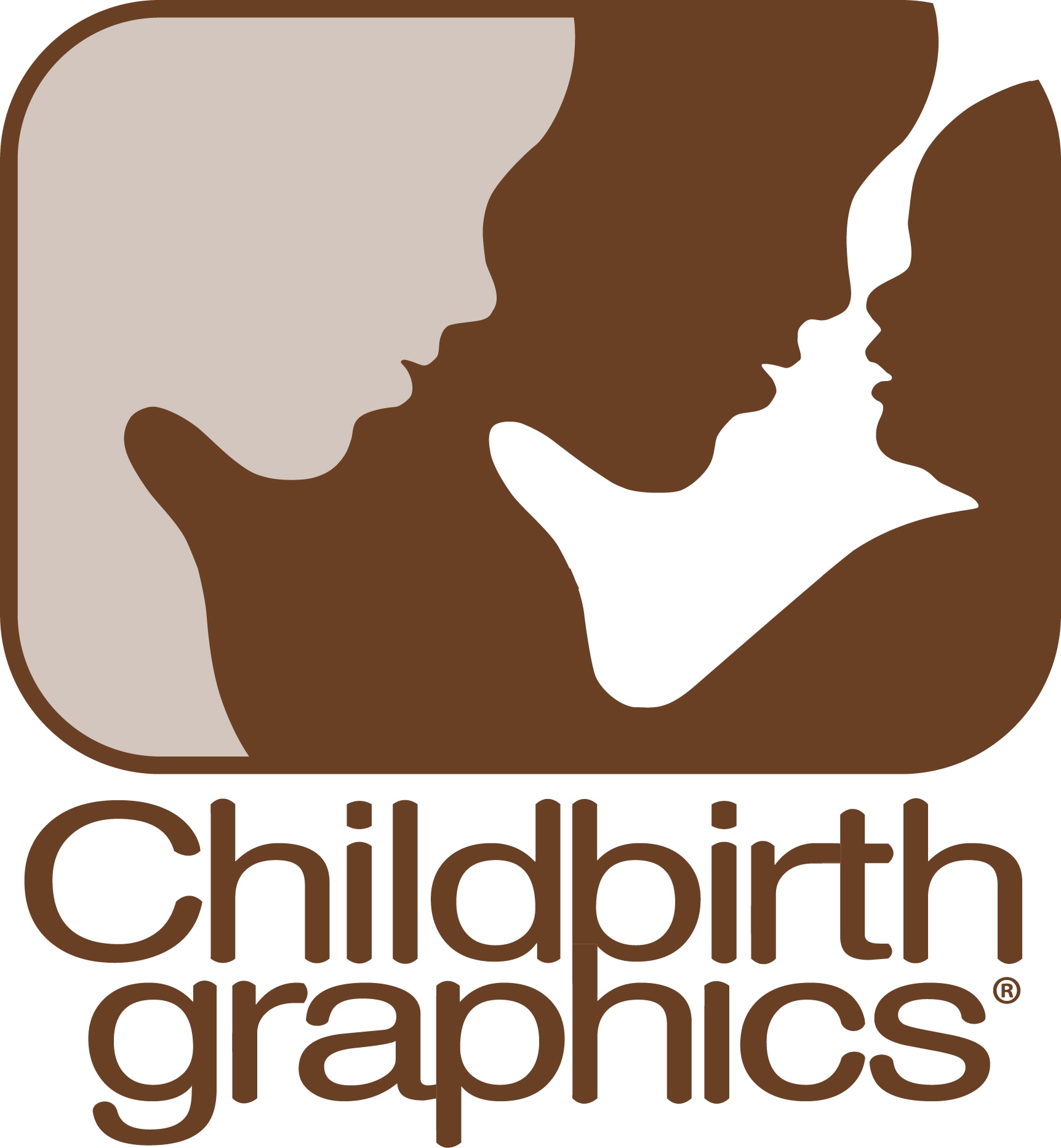 Childbirth Graphics logo with silhouettes of an infant facing two loving adults