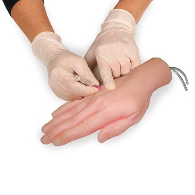 Injection Training Hand Model, lifelike skin, texture, flexibility, synthetic tissue, palpable veins, blood draw, realistic, gloved hands sticking model, Health Edco, 26240