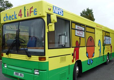 Health Bus, yellow green painted bus with NHS logo on side check 4 life slogan on front, Health Edco, 37510