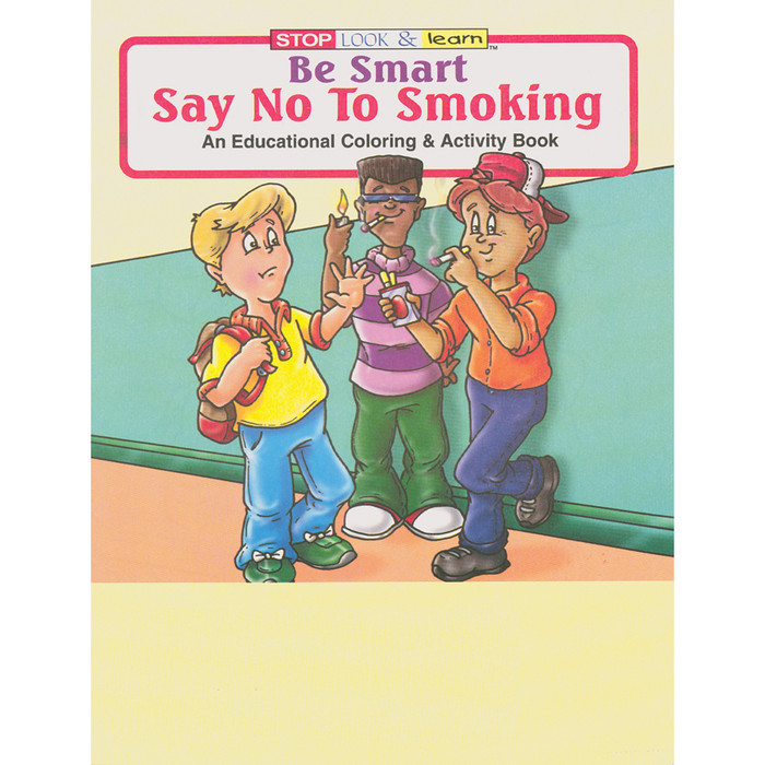Say No to Smoking cartoon Coloring and Activity Book cover, cartoon kids two smoking one holding up hand, Health Edco, 41007