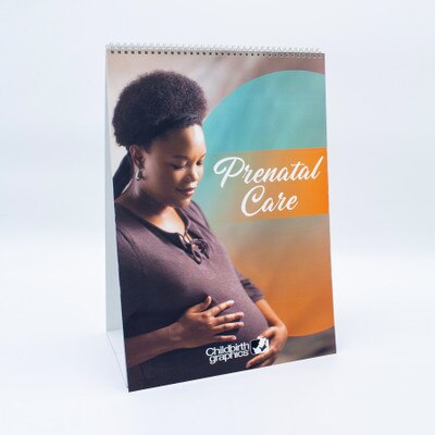 Prenatal Care 6-panel spiral bound flip chart cover, black woman towel around neck orange juice, Childbirth Graphics. 43125