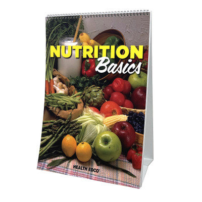 Nutrition Basics 6-panel spiral bound flip chart cover, fruits and vegetables on plaid tablecloth, Health Edco, 43326
