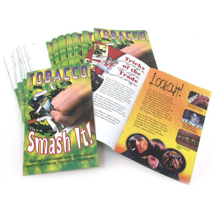 Tobacco Smash It Booklet, 100 booklet stack inside spread & coer shows fist smashing cigarettes, Health Edco, 52022