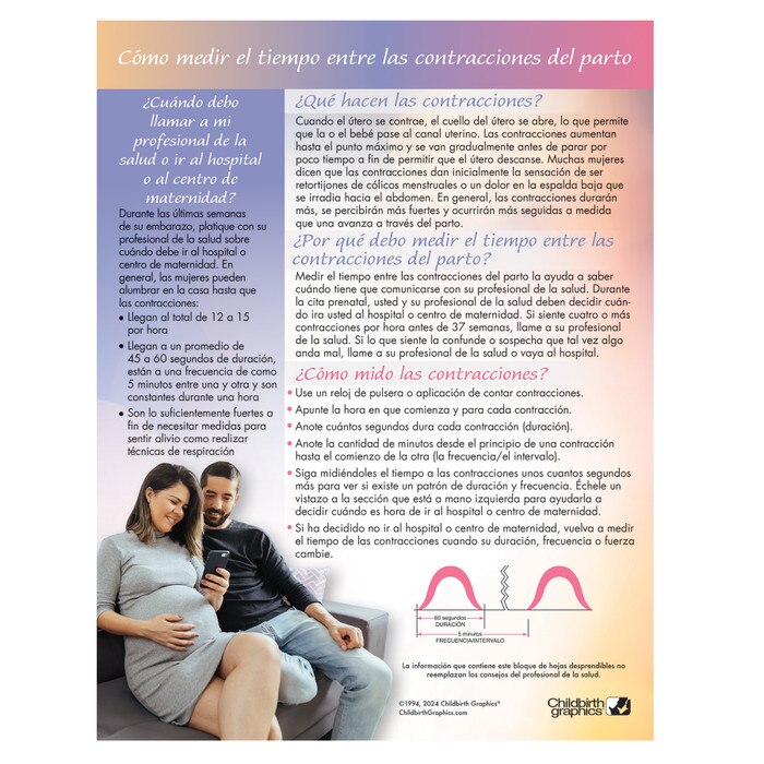 How to Time Contractions Tear Pad, childbirth teaching materials, Spanish text side, Childbirth Graphics, 52517