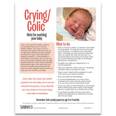 Crying & Colic tear pad for parenting education from Childbirth Graphics with hints to soothe a baby, English text, 52533