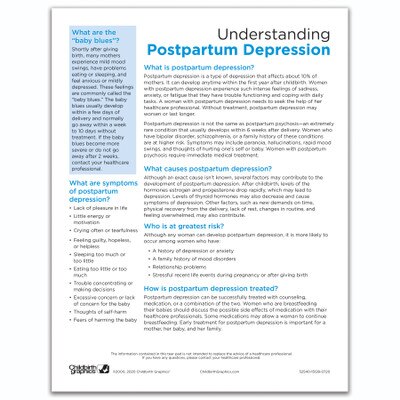 Understanding Postpartum Depression Tear Pad by Childbirth Graphics, English side of educational leaflet for new mums, 52540