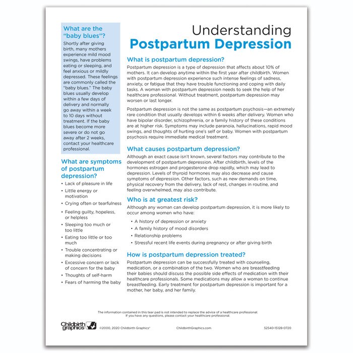 Understanding Postpartum Depression Tear Pad by Childbirth Graphics, English side of educational leaflet for new mums, 52540
