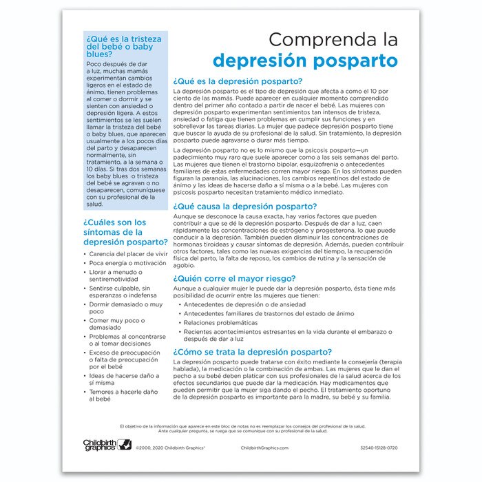 Understanding Postpartum Depression Tear Pad by Childbirth Graphics, Spanish side of educational handout for new mums, 52540
