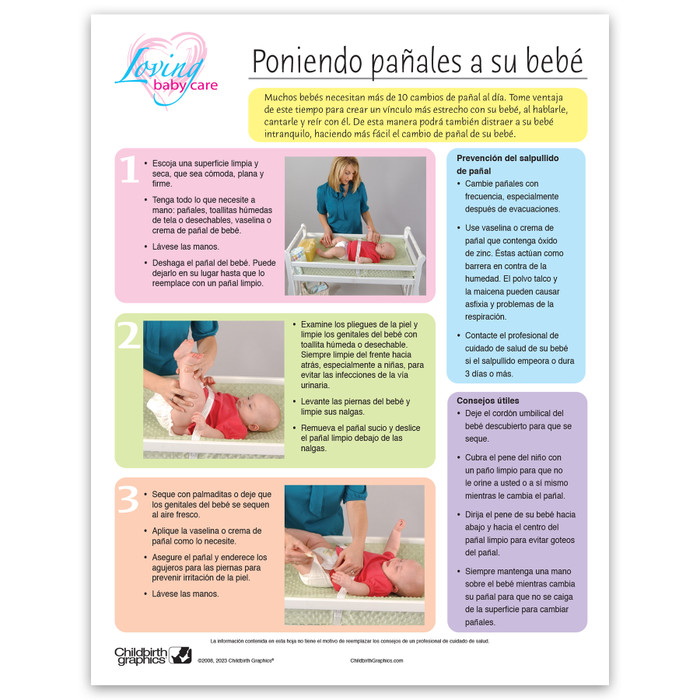 Diapering Your Baby Tear Pad, Childbirth Graphics new parenting leaflet Spanish side teaching how to diaper a baby, 52606