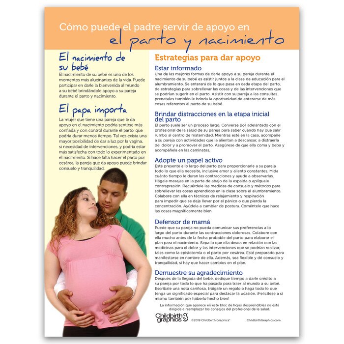How Fathers Can Support Labor and Birth educational tear pad for dads from Childbirth Graphics, Spanish side, 52619