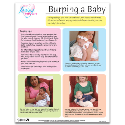 Burping a baby full-colour tear pad, colour blocks list tips and positions for burping, Childbirth Graphics 52621