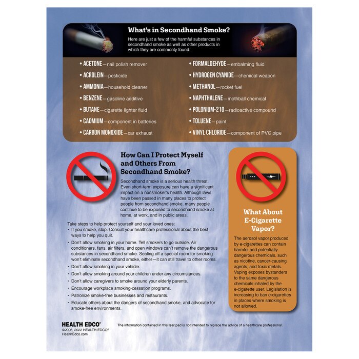 The Effects of Secondhand Smoke Tear Pad, health education leaflet explaining secondhand smoke dangers, Health Edco, 52743