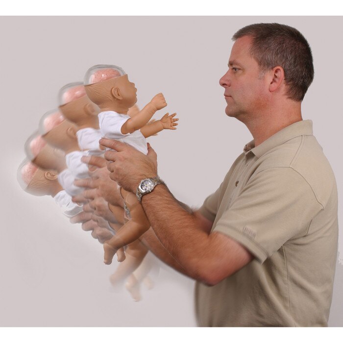 Shaken Baby Demonstration Model, man shaking doll wearing onesie with clear plastic head & pink brain inside, Health Edco, 53501