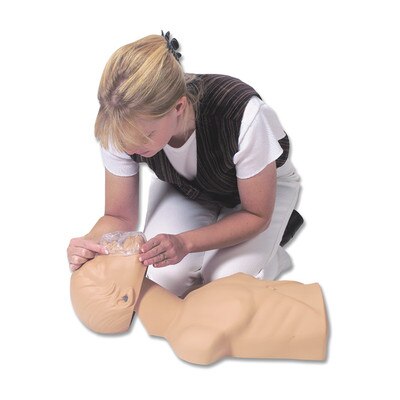 Economy Adult Sani-Manikin for CPR training, user putting face shiled over manikin mouth for CPR practice, Health Edco, 56046