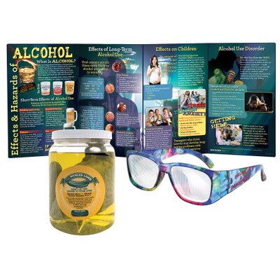 Alcohol Education Kit for health education from Health Edco with educational display, drunk glasses, and liver model, 75901