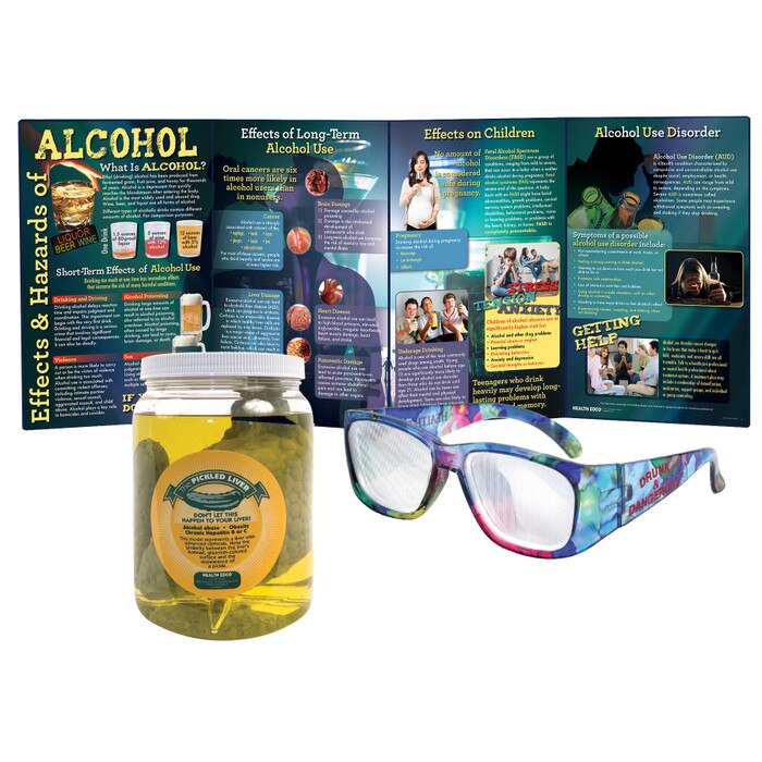 Alcohol Education Kit for health education from Health Edco with educational display, drunk glasses, and liver model, 75901