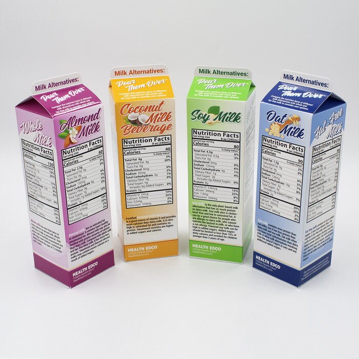 Milk Alternatives: Pour them Over Display, health education four carton display on nutritional values, Health Edco, 77885