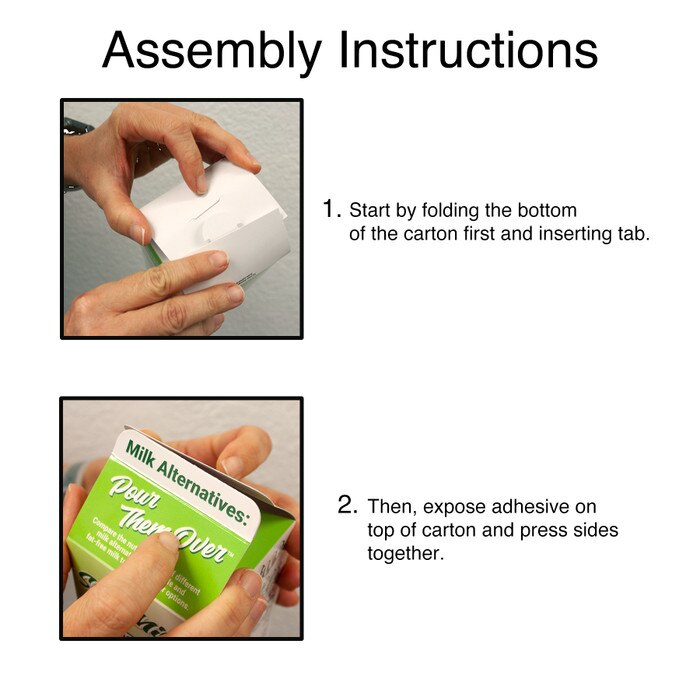 Milk Alternatives: Pour them Over Display, health education four carton display, folding instructions, Health Edco, 77885
