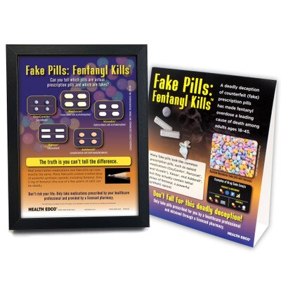 Fake Pills: Fentanyl Kills 3-D Display, drug education display with pills models in case and tent card, Health Edco, 78062