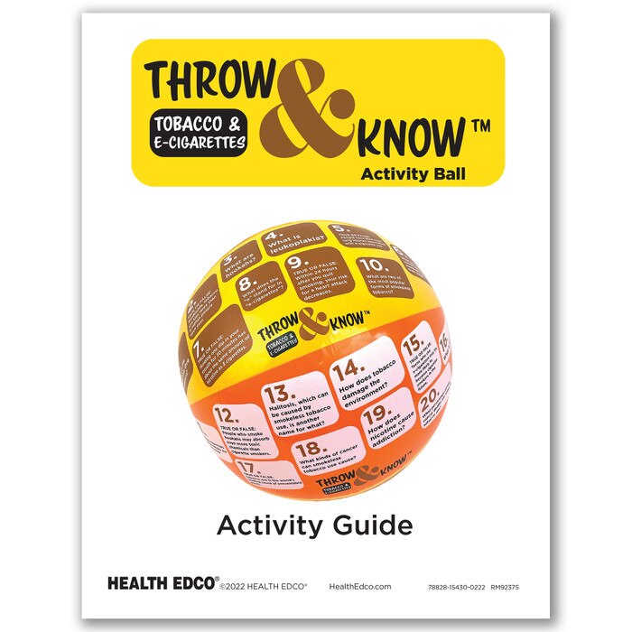 Tobacco and E-Cigarettes Throw & Know Activity Ball, colour activity guide showing inflatable question ball Health Edco 78828