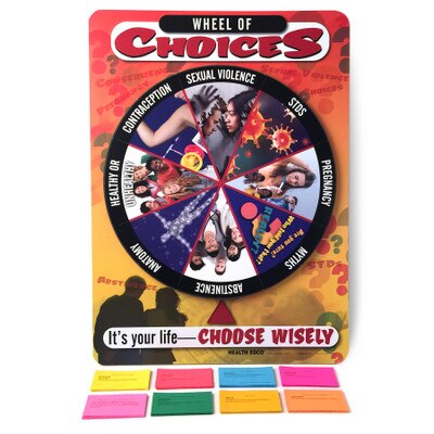 Wheel of Choices Game for sex and relationship education from Health Edco with spinning game wheel and question cards, 79122