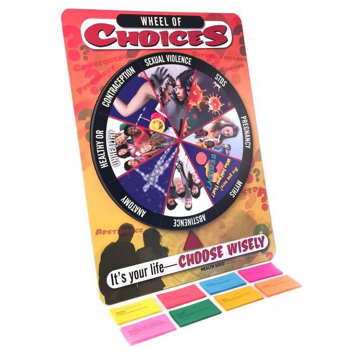 Wheel of Choices Game for sex and relationship education from Health Edco with spinning game wheel and question cards, 79122