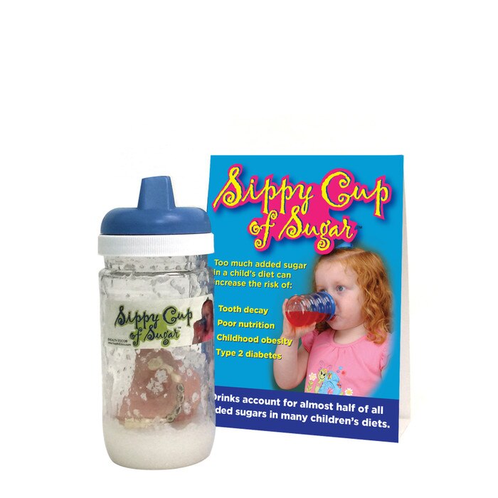 Sippy Cup of Sugar Display for parenting education by Childbirth Graphics, teaching display about sugar in kids' diet, 79489