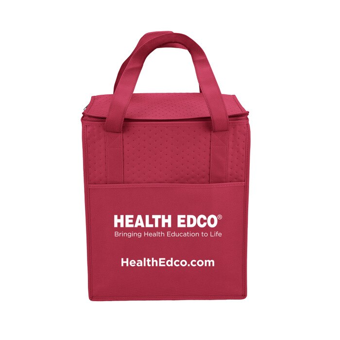 Health Edco Faux Food Tote, red insulated tote bag with zipper closure and pocket to carry faux food nutrition models, 85412