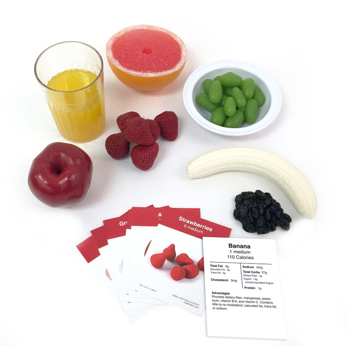 Fruit Faux Food Kit, 7 fake foods with nutrition food cards fruit portions, Health Edco, 79975