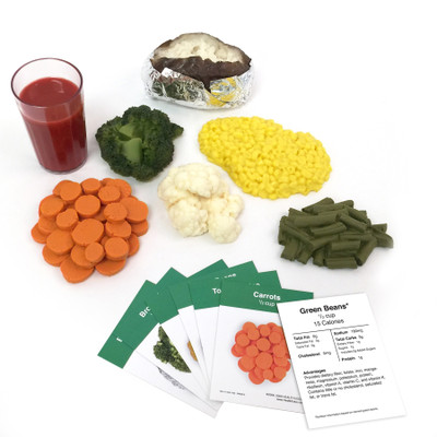Vegetable Faux Food Kit, 7 fake foods with nutrition food cards vegetable portions, Health Edco, 79976